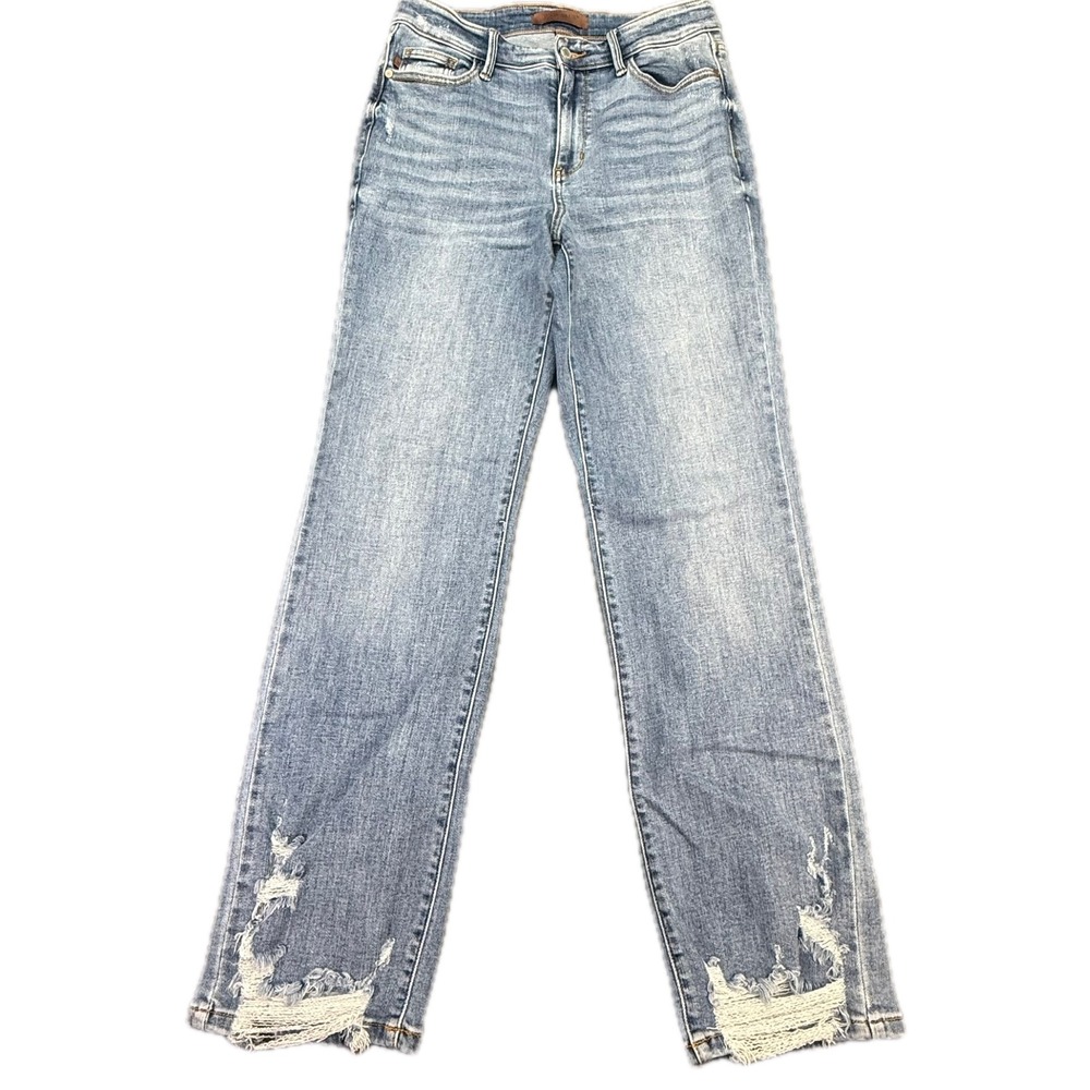 Judy Blue Straight Fit Jeans Womens 5/27 Blue Distressed Hem JB82470MD-CO